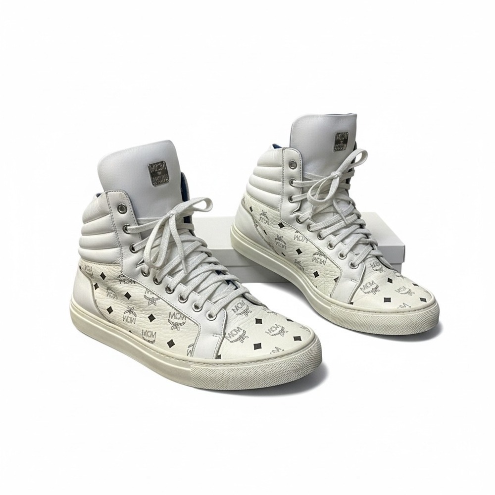 MCM Visetos High Top Sneakers White Monogram Leather Mens Made in‎ Italy Size 10
